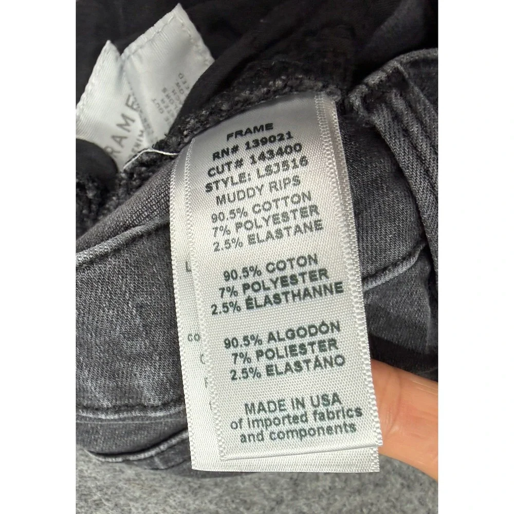 Frame Denim Le Skinny de Jeanne Jeans 27 Charcoal Gray Distressed Knee Raw Hem